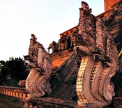 Wat Chedi Luang in the evening light<br> Nagas and elephants